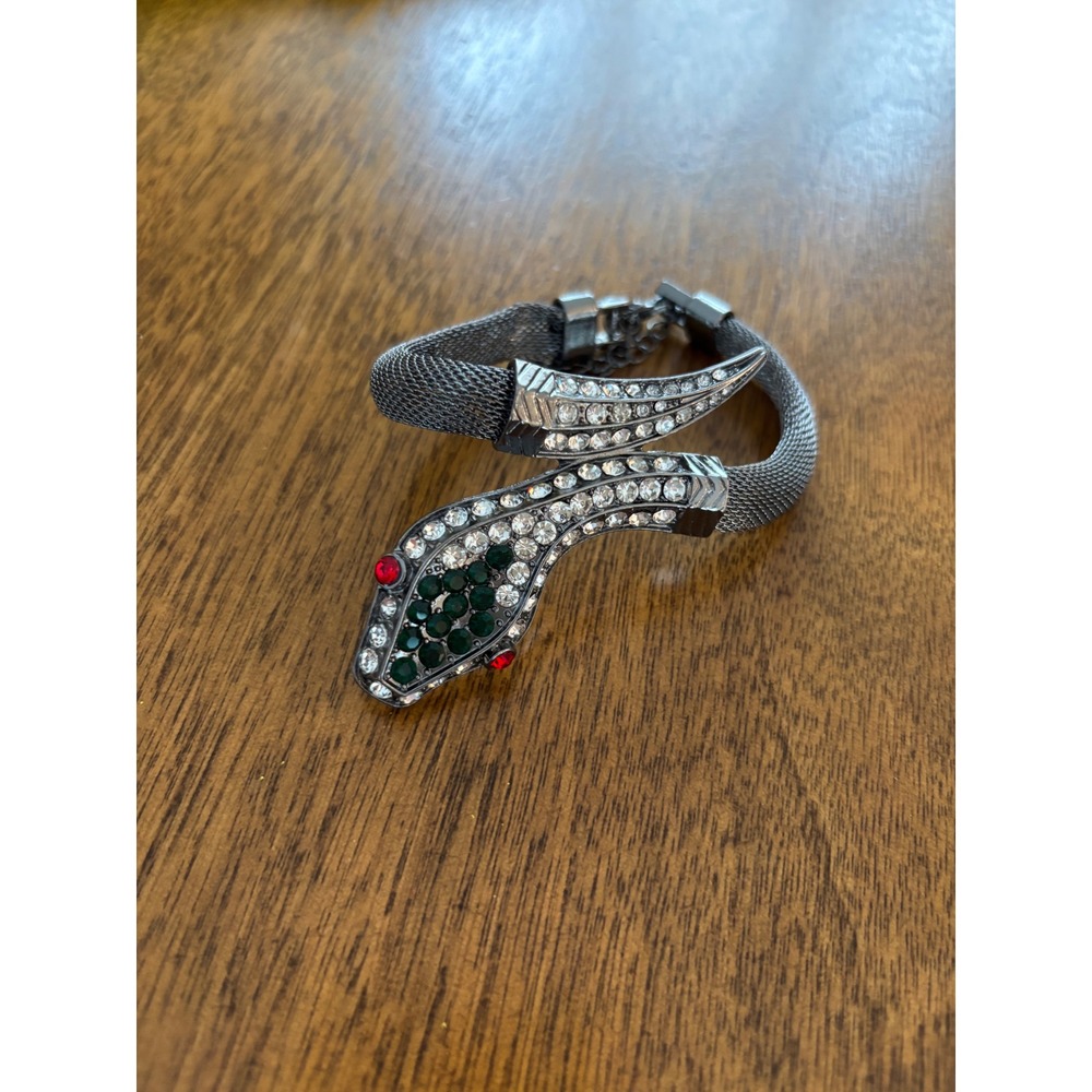 Gunmetal Mesh Snake Bracelet Rhinestone Emerald Red Eyes Serpent Bypass Jewelry